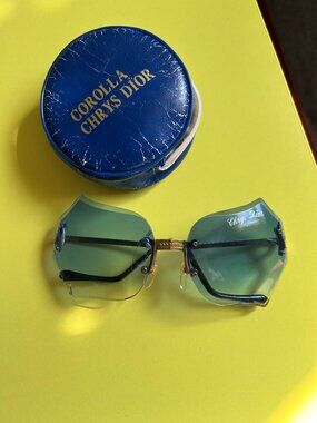 Vintage Blue Tinted Corolla Chrys Dior Folding Sunglasses with Pouch